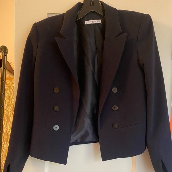 Mango Navy Cropped Open double Buttoned Blazer - Picture 1 of 4